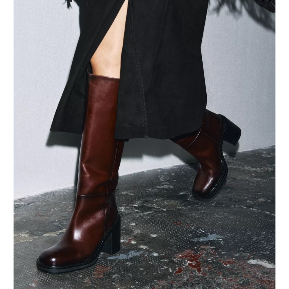ZARA Leather Wide Heel Burgundy Tall Boots, 8. NWT